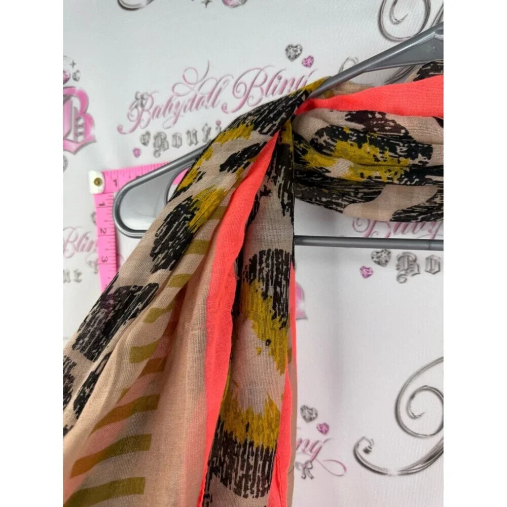 DKNY scarf scarve wrap bright orange Neon Coral and Beige Floral Stripe Scarf
